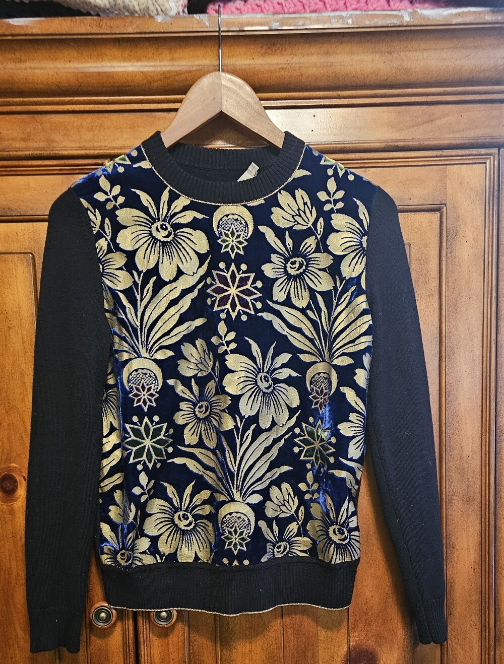 Tory Burch Hollis Velvet Floral Gold Foil Mixed Media Merino Sweater XS